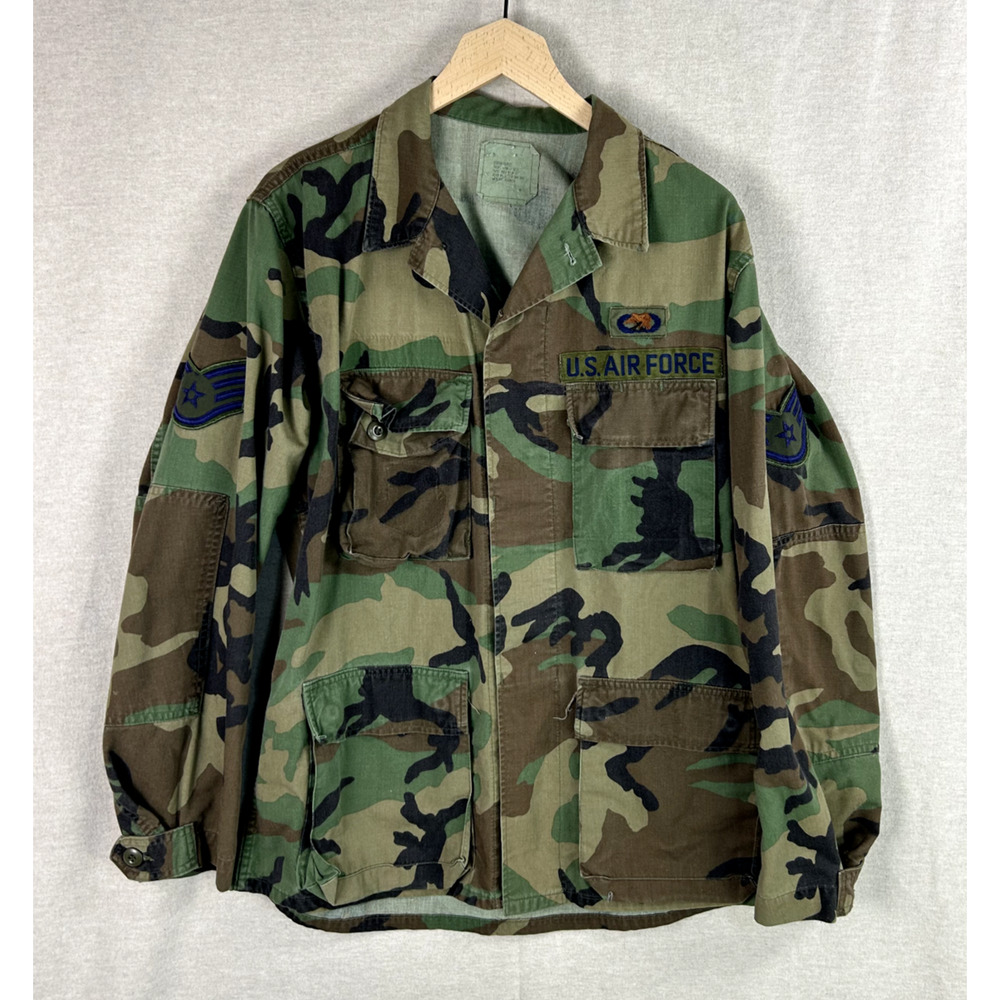 US Air Force Mens Button Up Camouflage Jacket Size M Regular Sergeant Patches